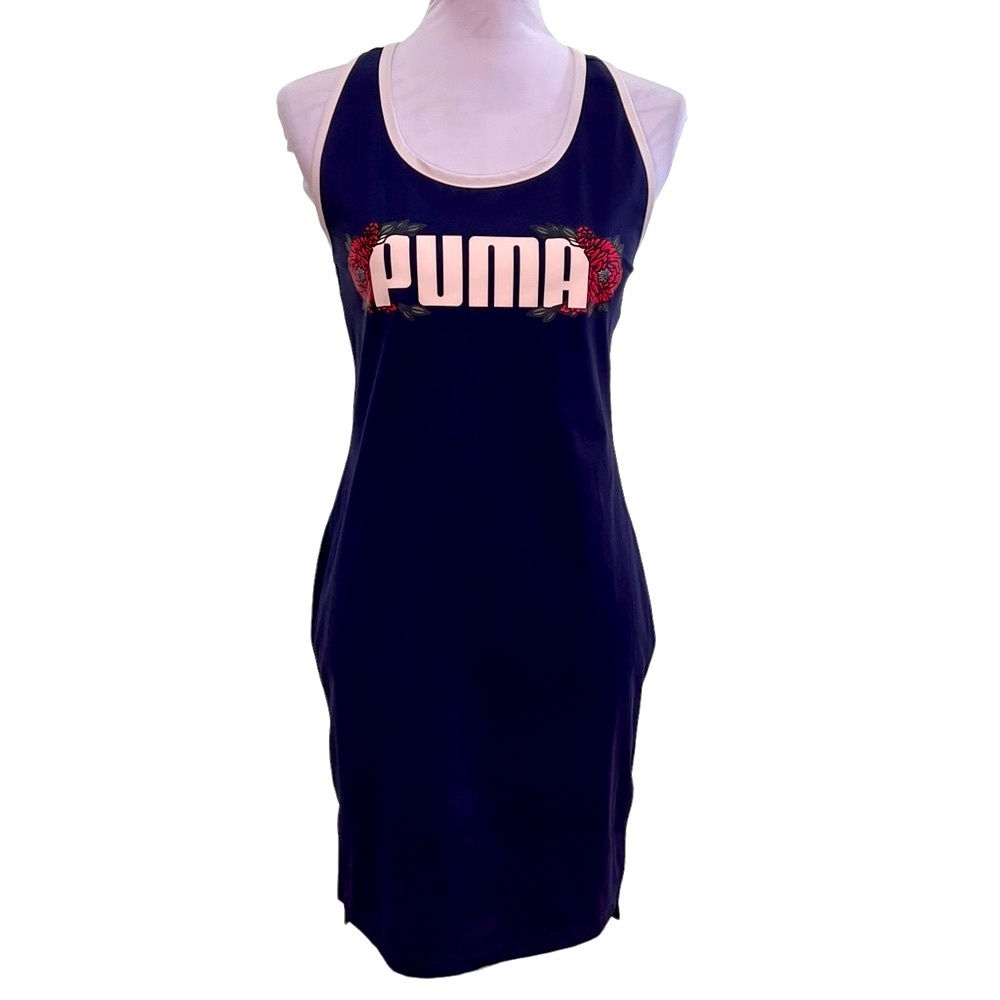 Puma‎ Sporty Dress Dark Blue Exercise Racerback Floral Logo Athleisure